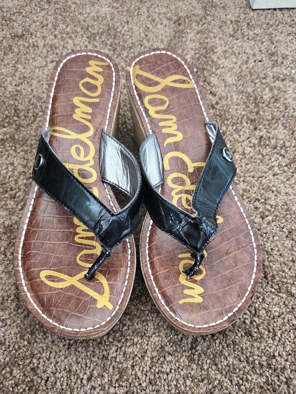 Sam Edelman Romy Cork Wedge Thong Sandals Black & Brown